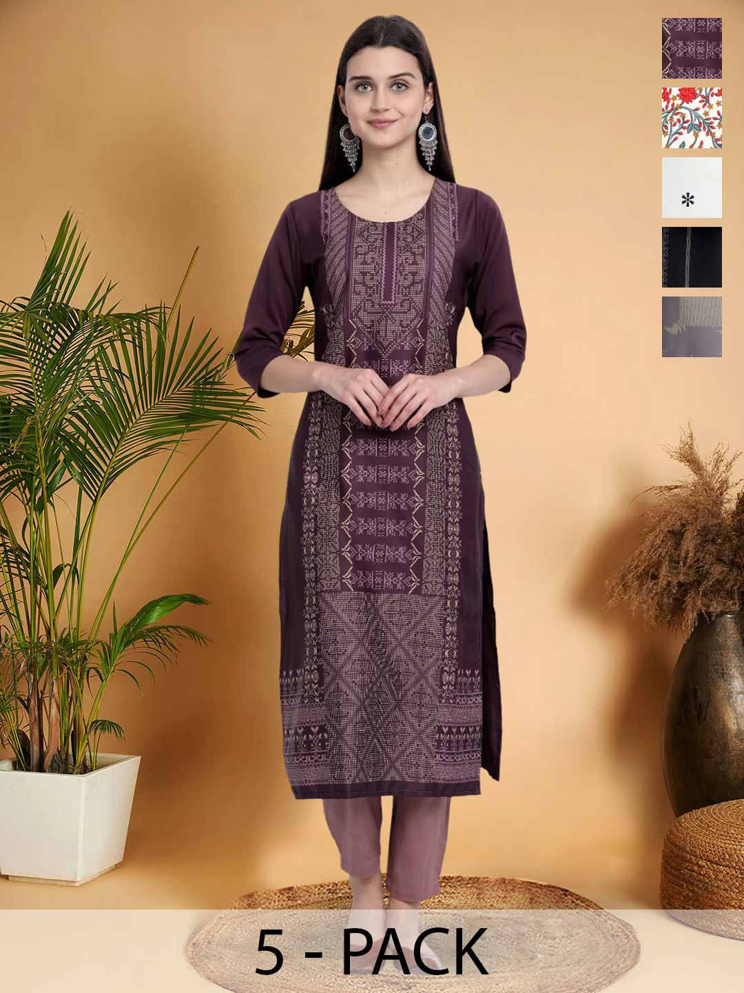 

7Threads Selection of 5 Ethnic Motifs Printed Round Neck Straight Kurtas, Purple