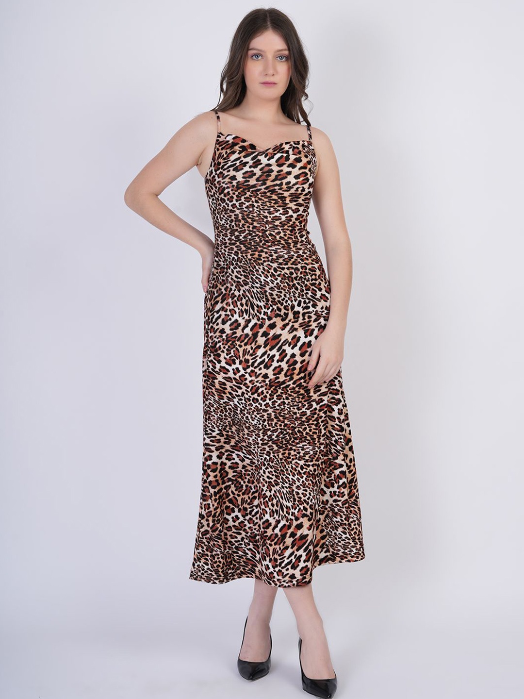 

BERIAMO Women Animal Printed Shoulder Straps A-Line Midi Dress, Brown