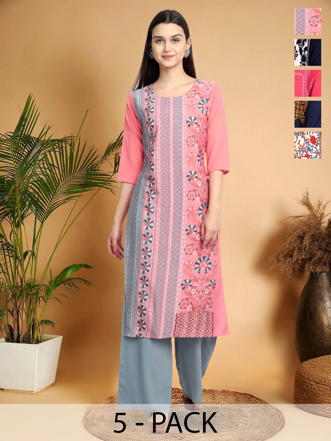 

7Threads Selection of 5 Ethnic Motifs Printed Round Neck Straight Kurtas, Pink