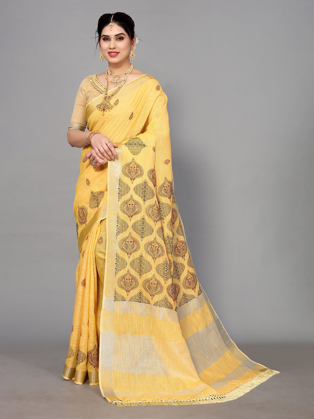 

A.V.M. SILK MILLS Ethnic Motifs Embroidered Zari Saree, Yellow