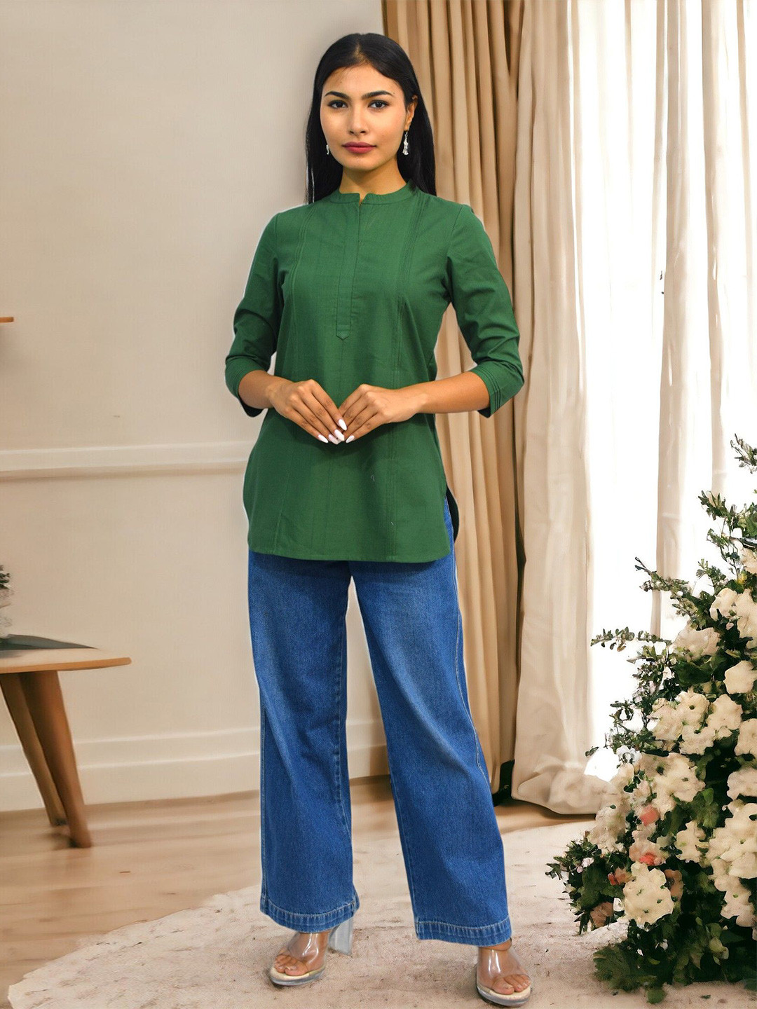 

JAIPUR HAND BLOCK Women Mandarin Collar Pure Cotton A-Line Pleated Kurti, Green