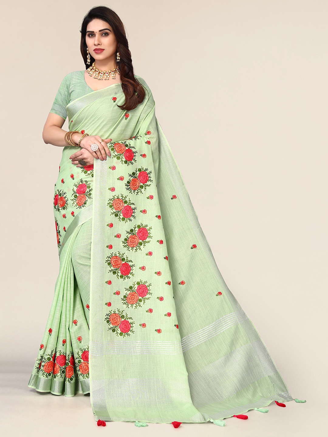 

A.V.M. SILK MILLS Ethnic Motifs Zari Pure Cotton Saree, Green