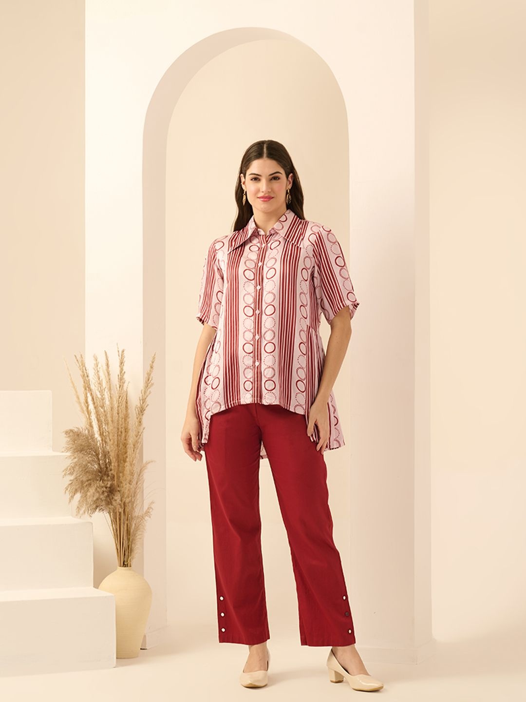 

First Resort by Ramola Bachchan Printed Shirt Collar Shirt With Trouser, Pink