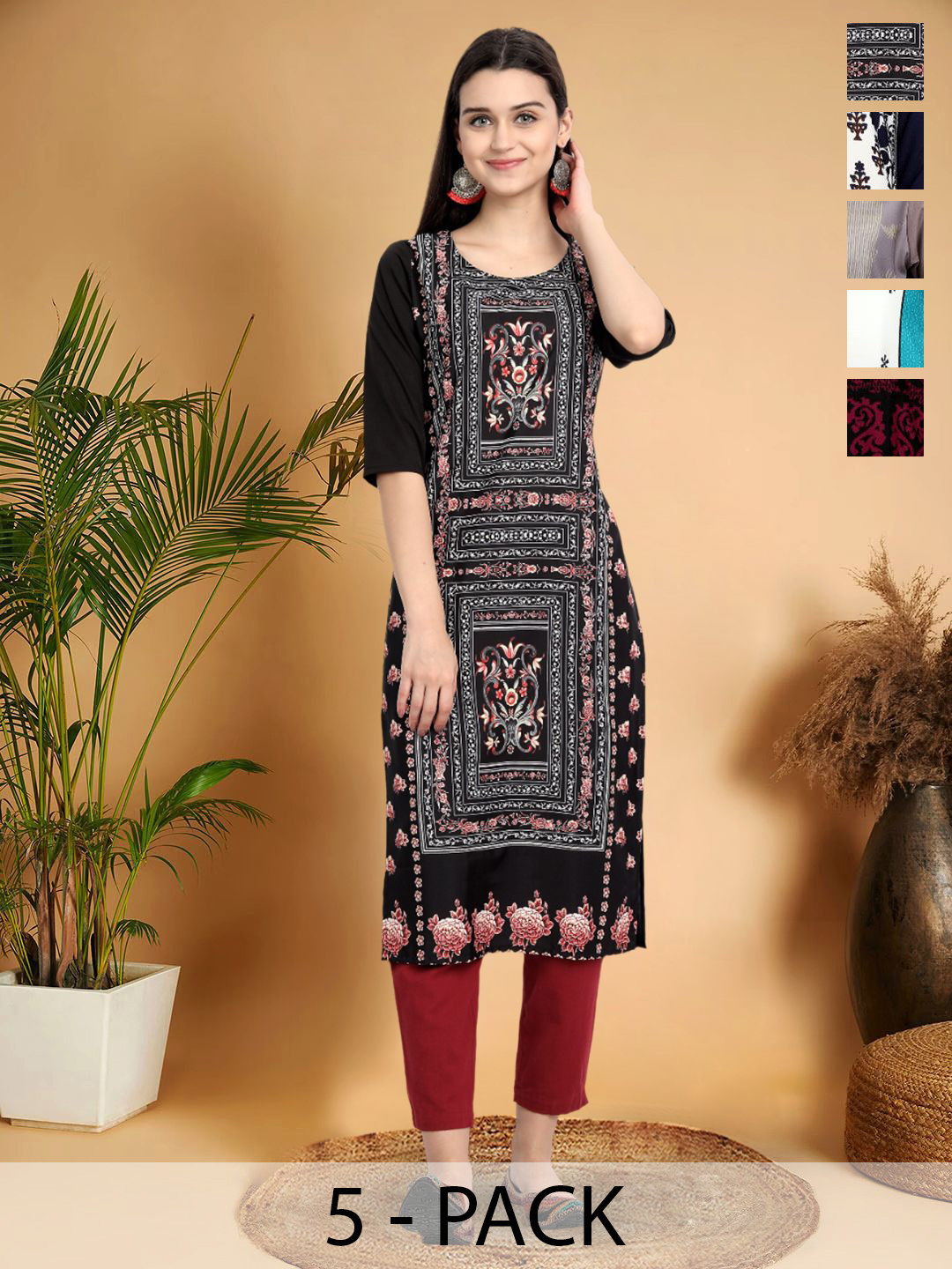 

7Threads Selection Of 5 Floral Printed Round Neck Straight Kurtas, Black