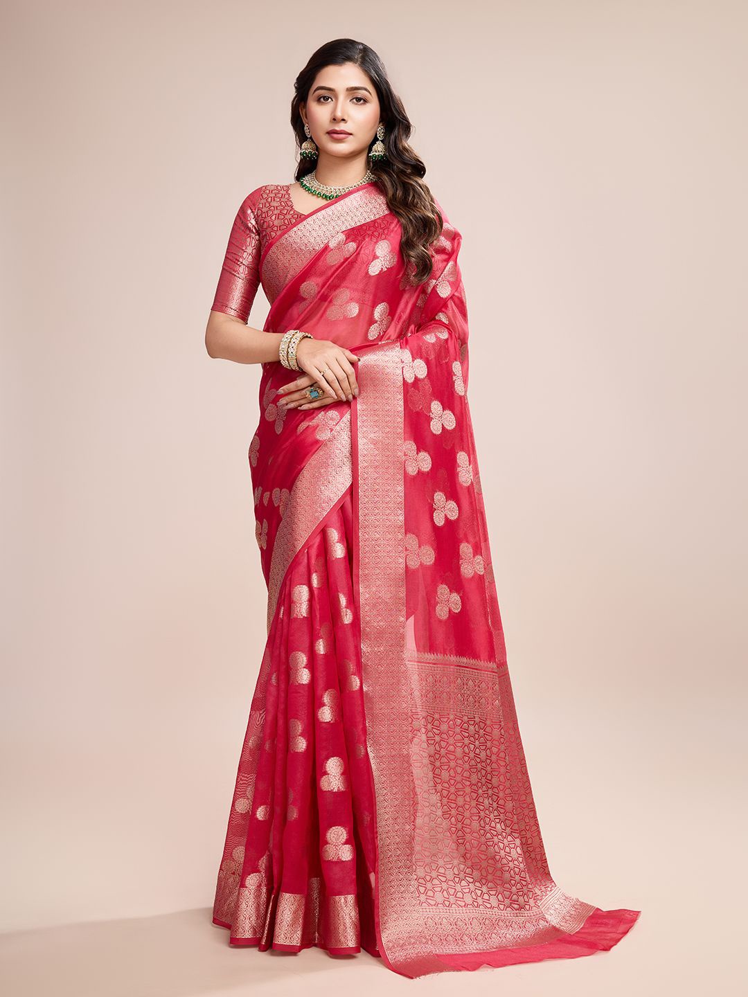 

SHRIMAY Woven Design Zari Organza Banarasi Saree, Red
