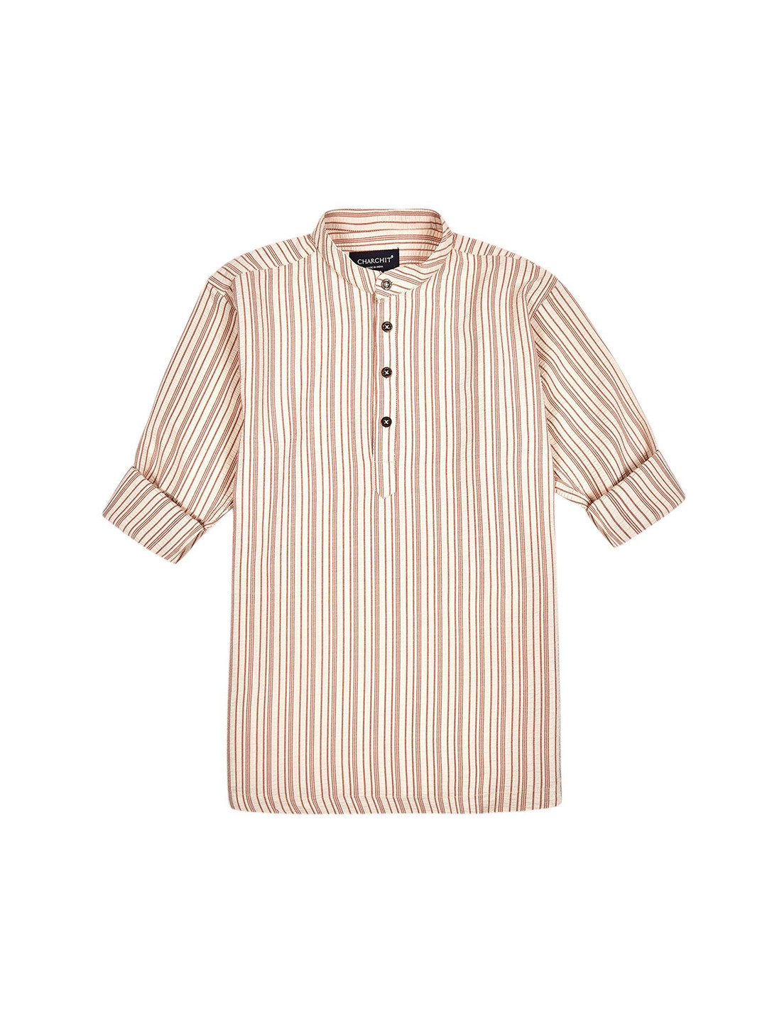 

CHARCHIT Boys Comfort Fit Band Collar Vertical Striped Cotton Casual Shirt, Beige
