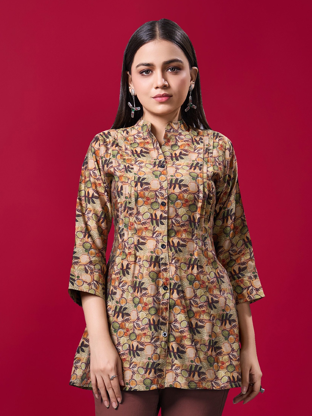 

BANJANAN Women Floral Printed Mandarin Collar Top, Beige