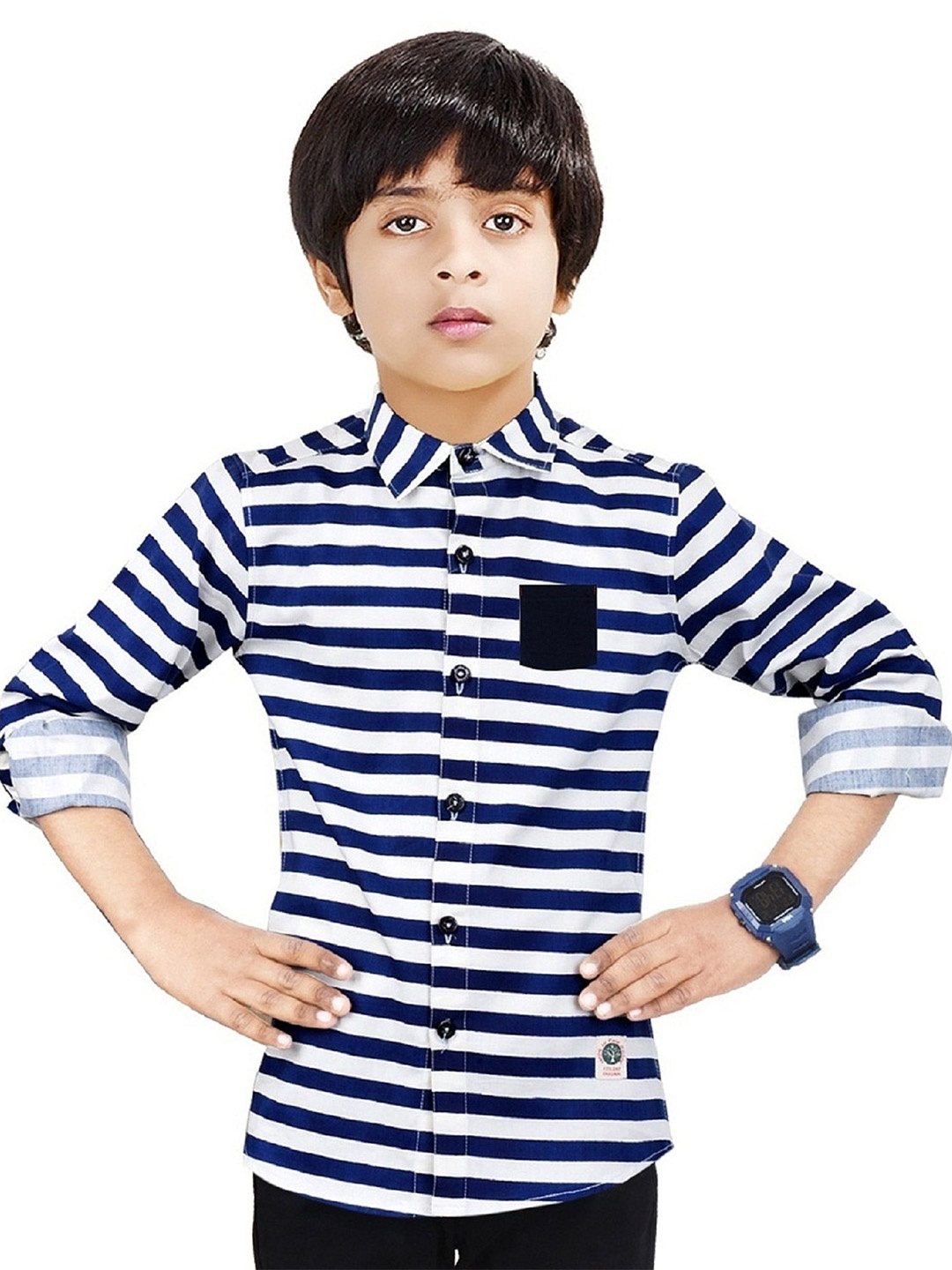 

MADE IN THE SHADE Boys Spread Collar Horizontal Striped Cotton Casual Shirt, White