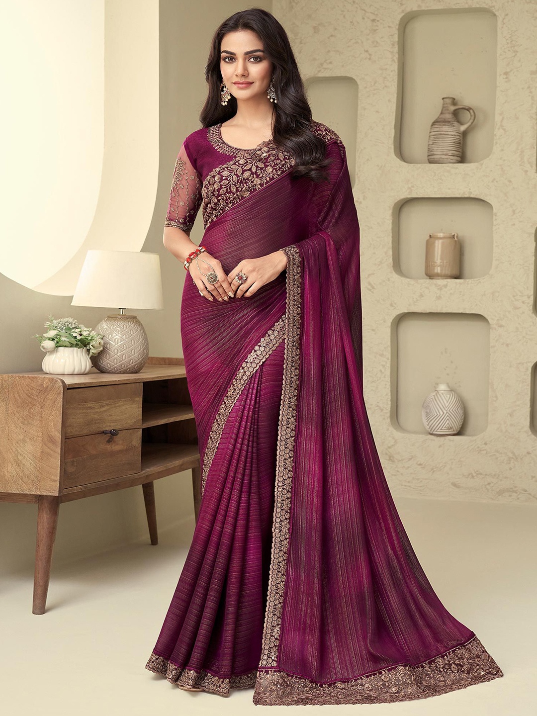 

Peachmode Striped Sequinned Pure Georgette Saree, Burgundy