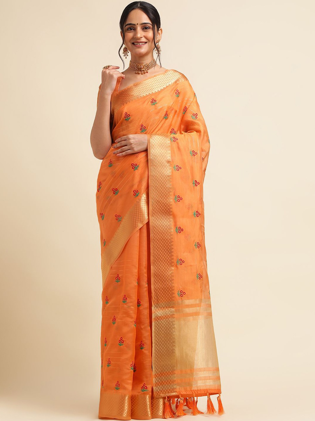 

A.V.M. SILK MILLS Ethnic Motifs Embroidered Pure Cotton Saree, Orange