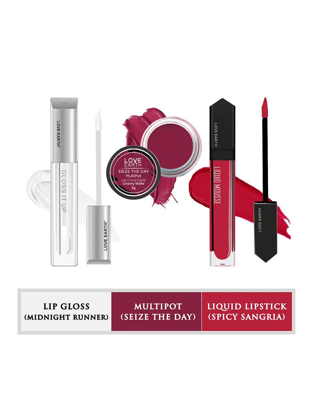 

LOVE EARTH 3Pcs Lipstick-Lip Gloss & Multipot-Spicy Sangria-Midnight Runner-Seize The Day, Multi