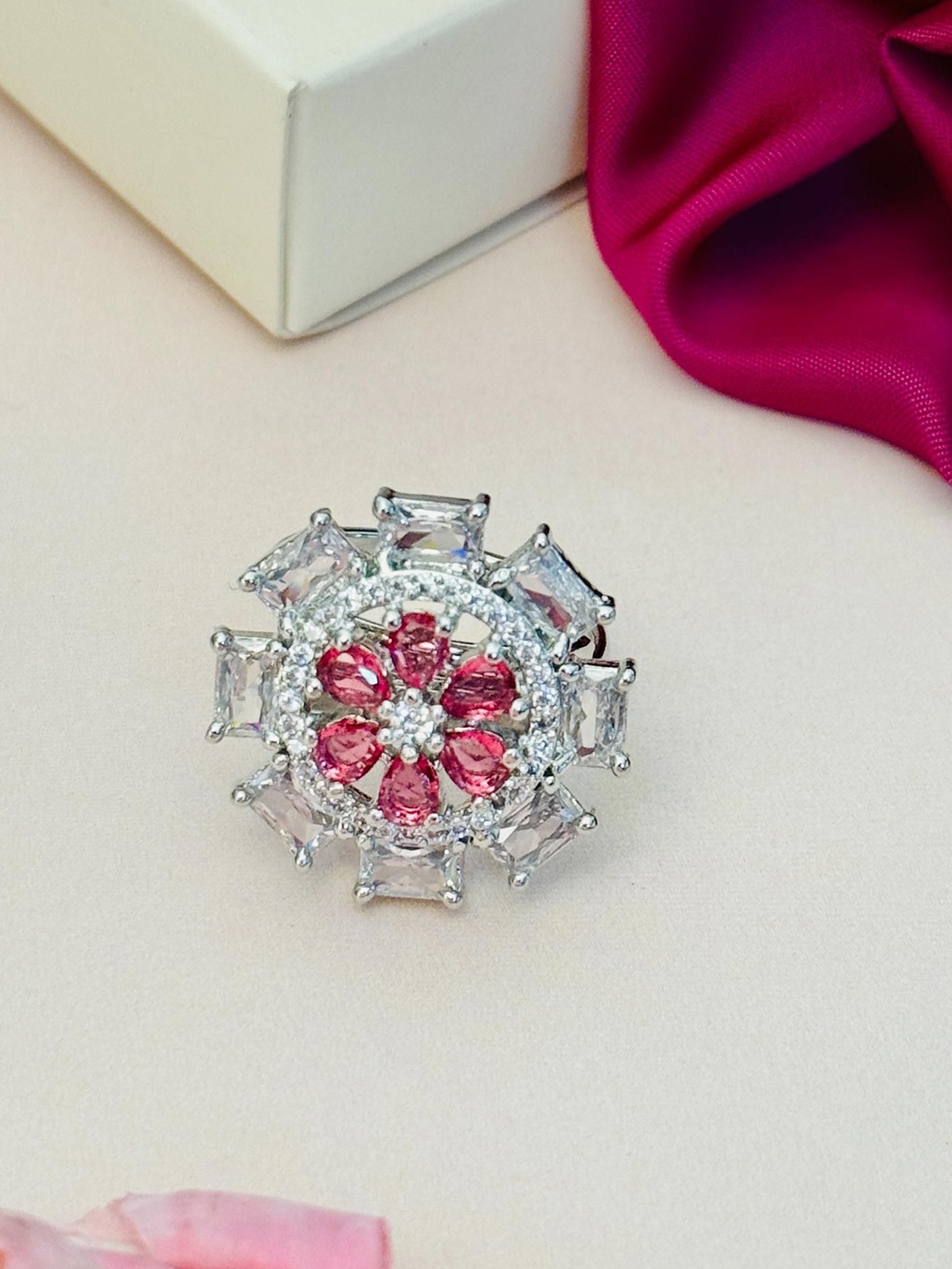 

ABDESIGNS Exquisite Silver Plated American Diamond Stone Studded Ring