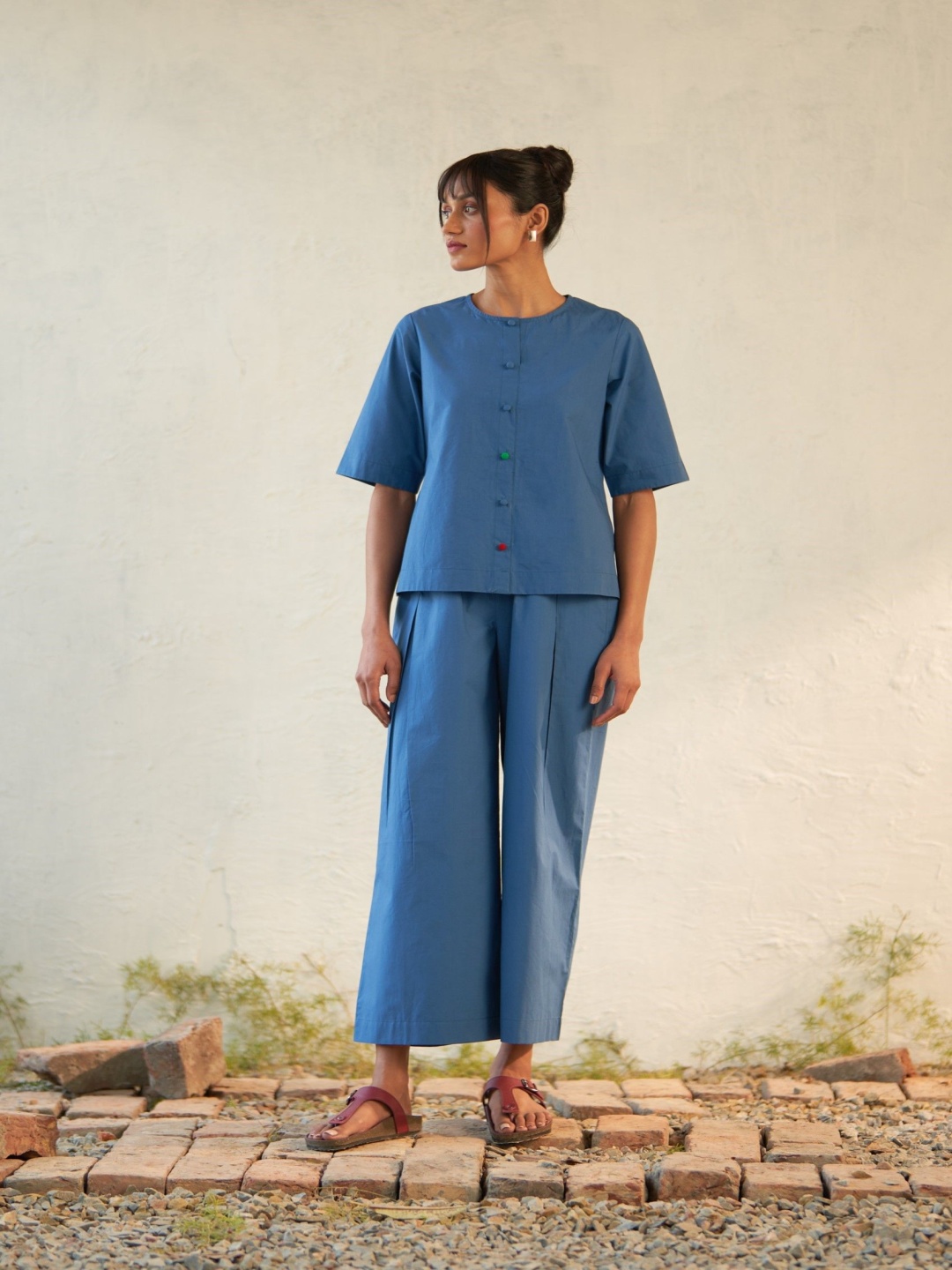 

Canoopi Women Relaxed Straight Leg High-Rise Cotton Pleated Trousers, Blue