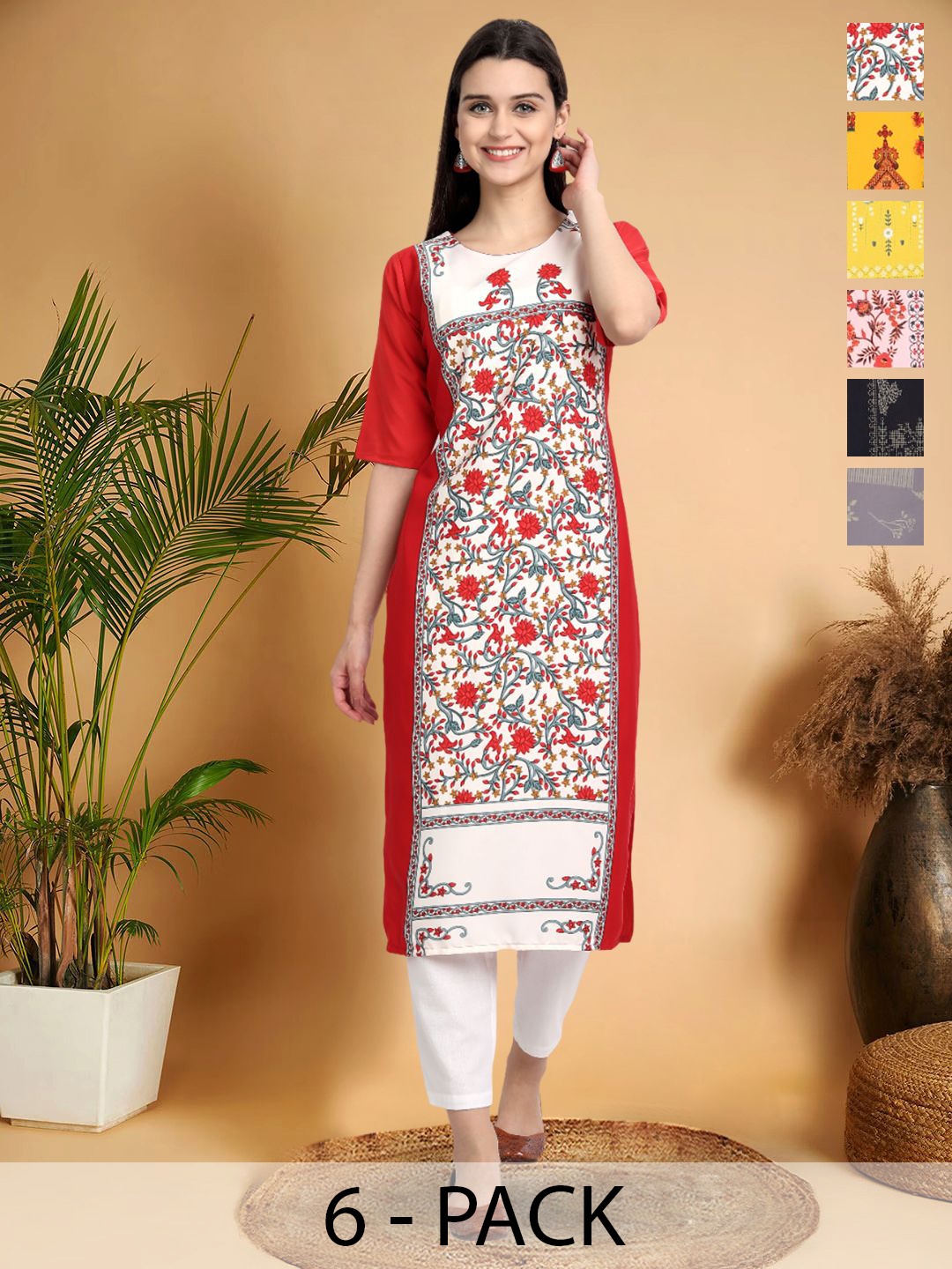 

7Threads Selection Of 6 Floral Printed Round Neck Straight Kurtas, Red