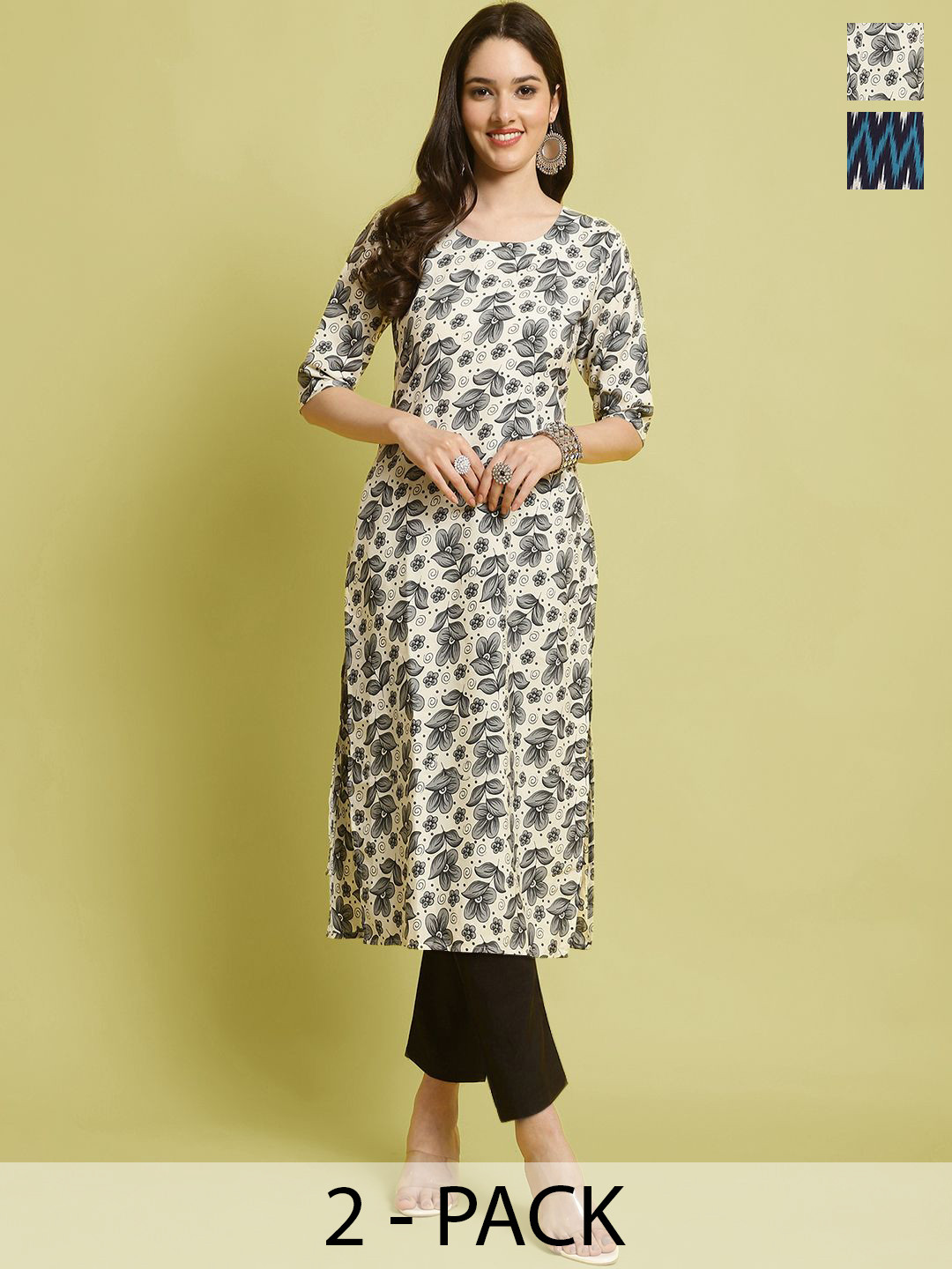 

7Threads Selection Of 2 Floral Printed Straight Kurta With Trousers, White