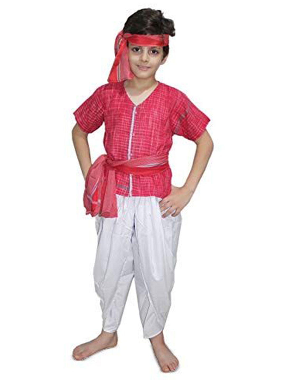 

Kaku Fancy dresses Kids Villager Farmer Costume Kurta With Dhoti Pants & Stole, Red