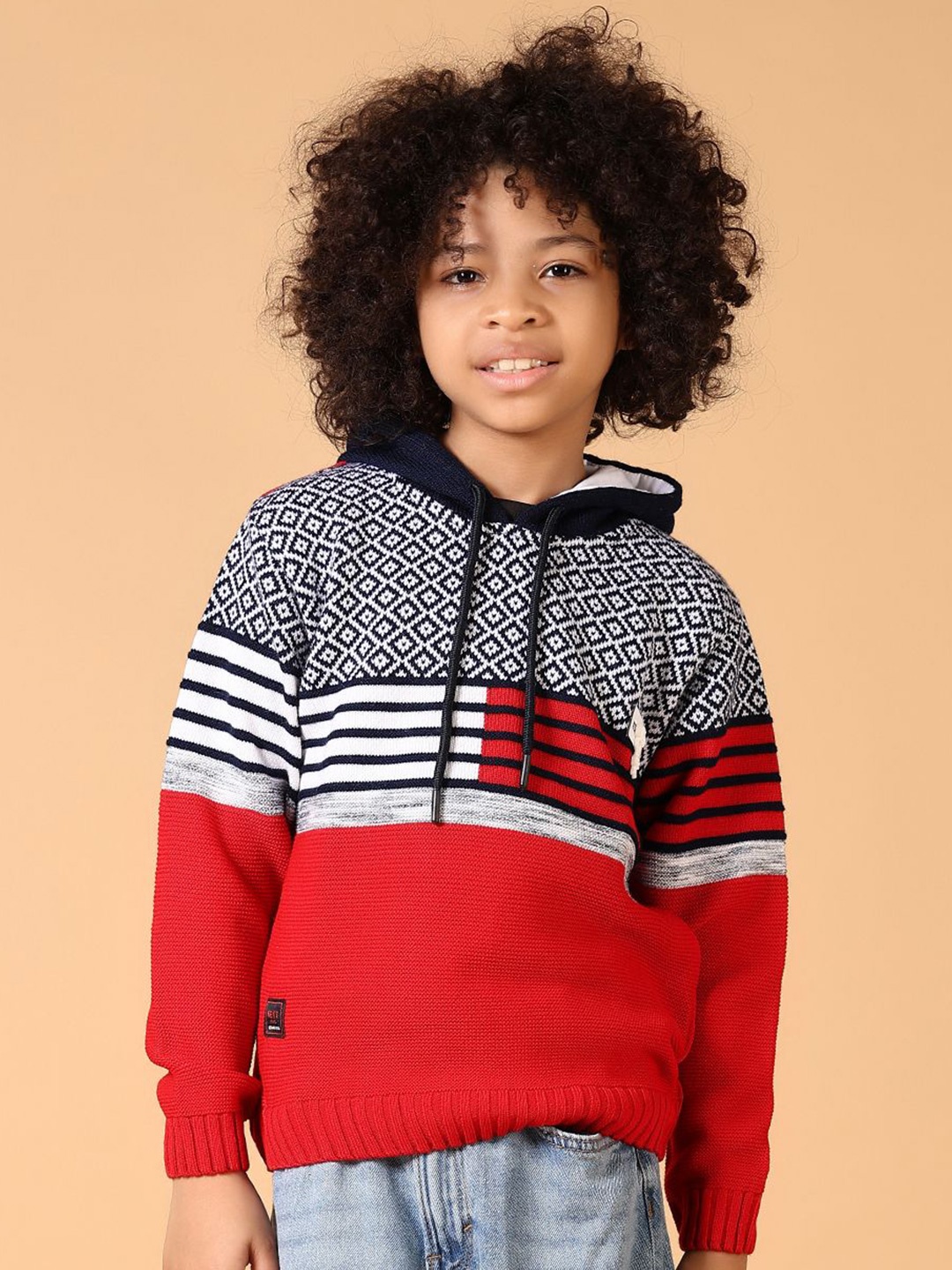 

V-Mart Boys Colourblocked Printed Hooded Pullover, Red