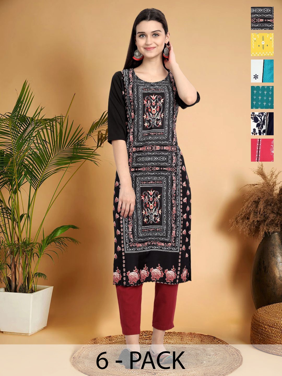 

7Threads Selection Of 6 Ethnic Motifs Printed Round Neck Kurtas, Black