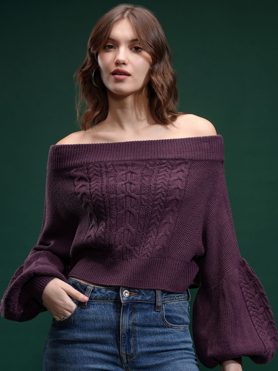 

Tokyo Talkies Women Full Sleeve Shoulder Crop Sweater, Purple