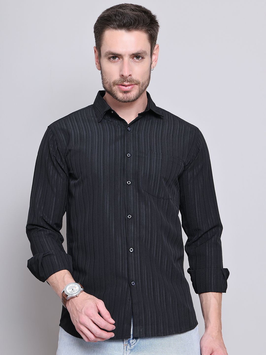 

Majestic Man Comfort Slim Fit Spread Collar Textured Casual Shirt, Black