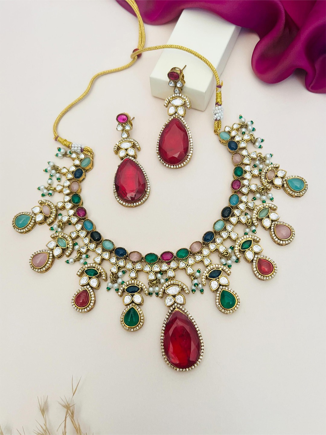 

ABDESIGNS Enchanting Gold Plated Polki American Diamond Necklace
