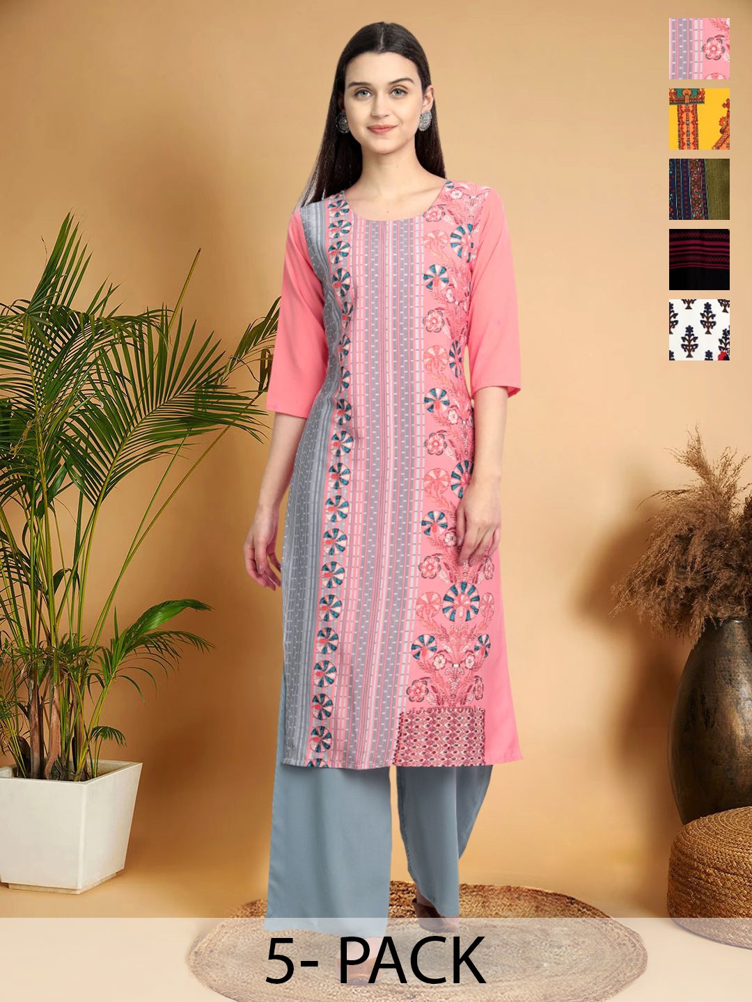 

7Threads Selection Of 5 Ethnic Motifs Printed Straight Kurtas, Pink