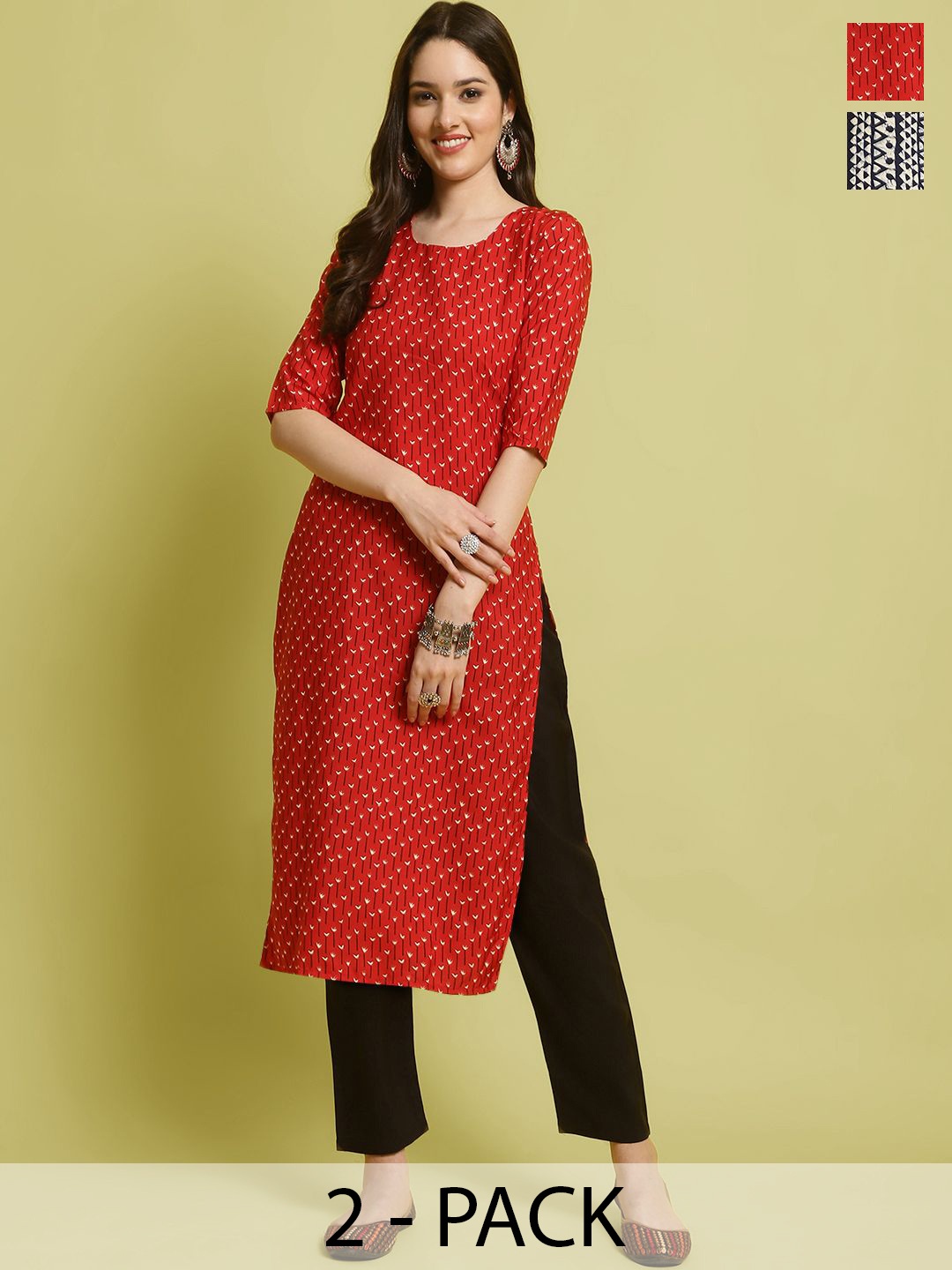 

7Threads Selection Of 2 Floral Printed Round Neck Straight Kurta With Trousers, Red