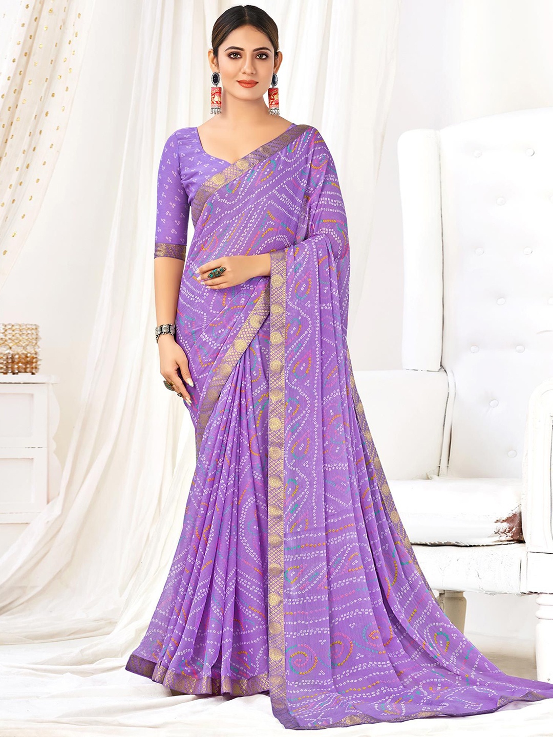 

Peachmode Bandhani Printed Pure Chiffon Bandhani Saree, Purple