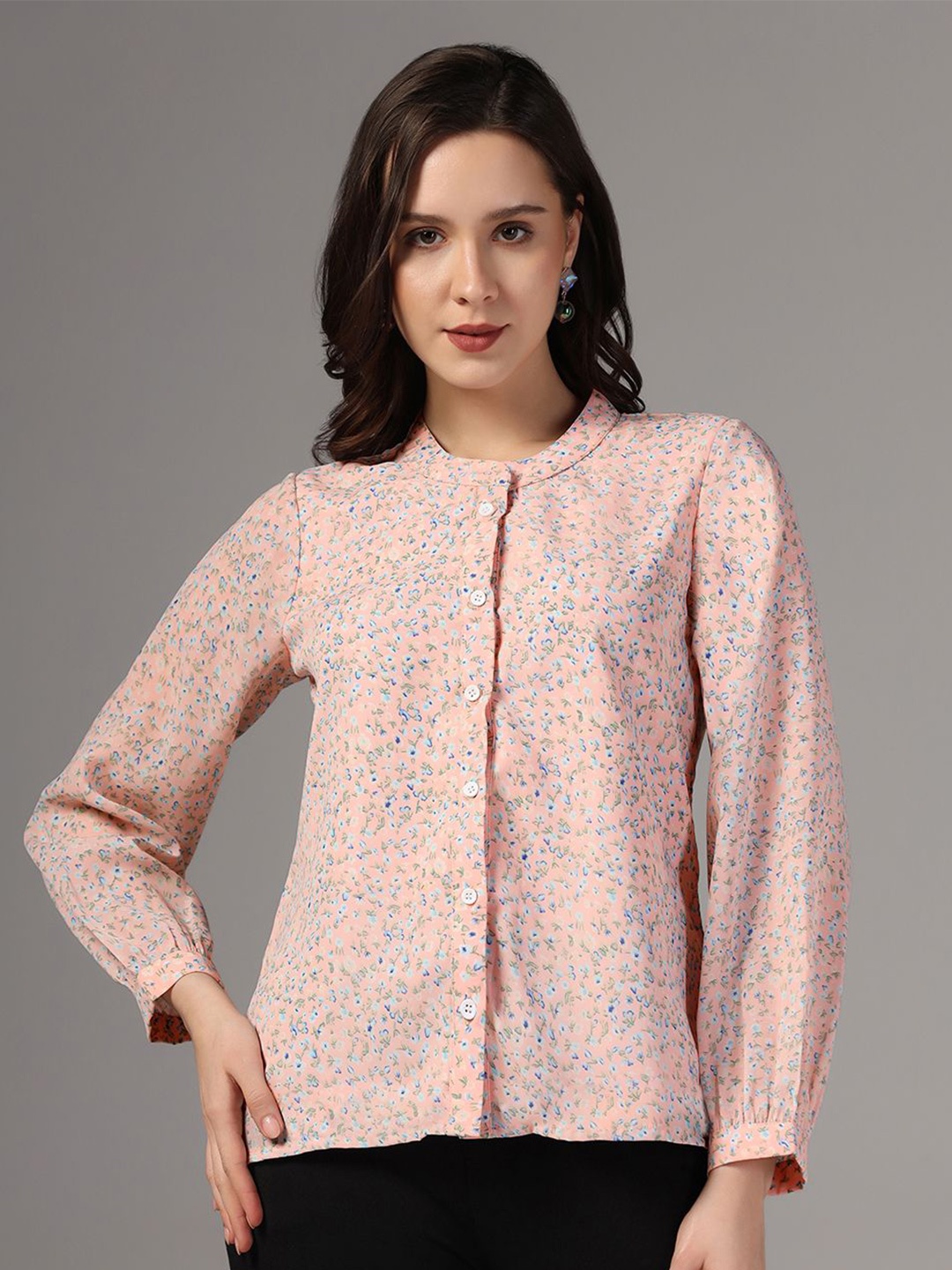 

Moda Rapido Floral Printed Mandarin Collar Georgette Top, Peach