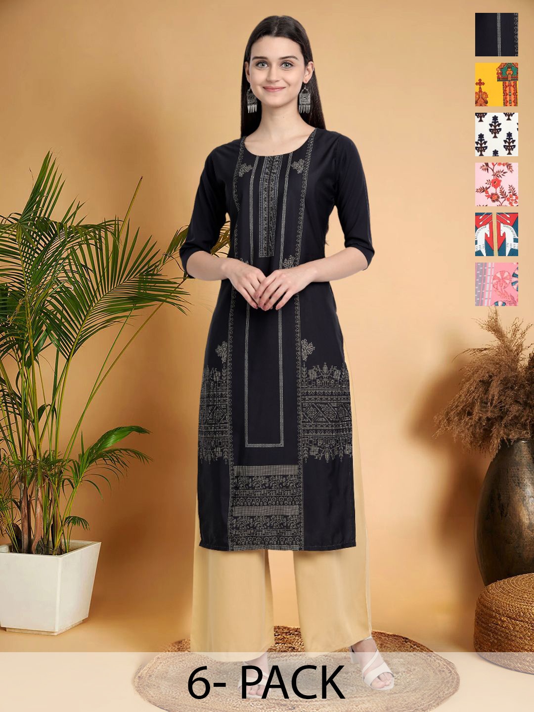 

7Threads Selection Of 6 Ethnic Motifs Printed Round Neck Straight Kurtas, Black