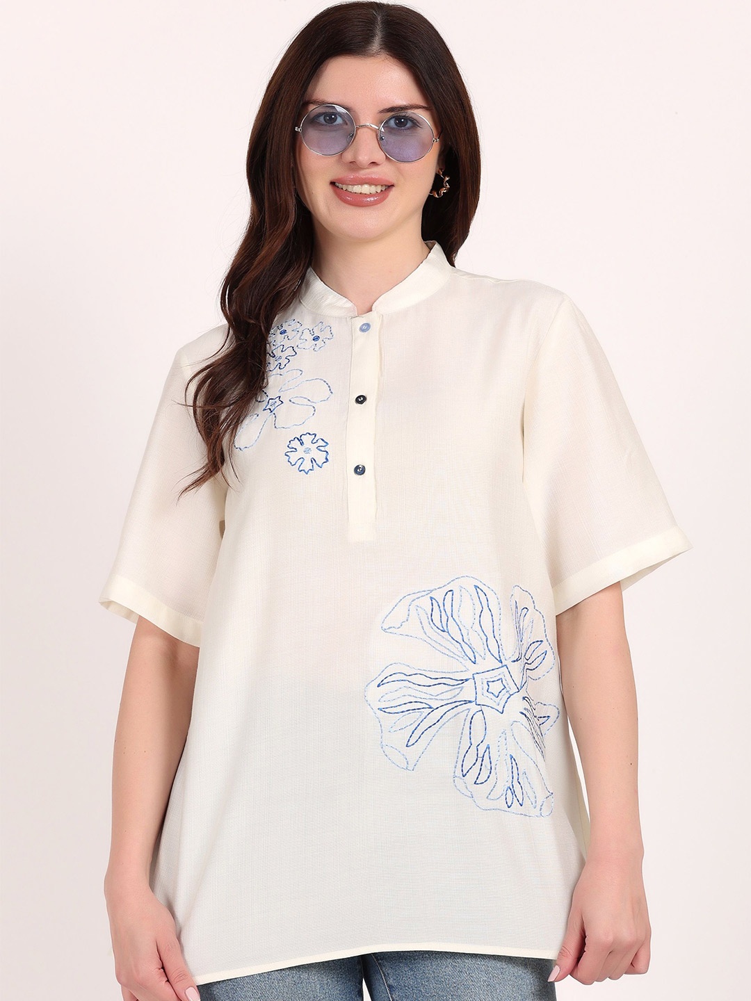

Yadya Threads Women Floral Flared Sleeve Top, White