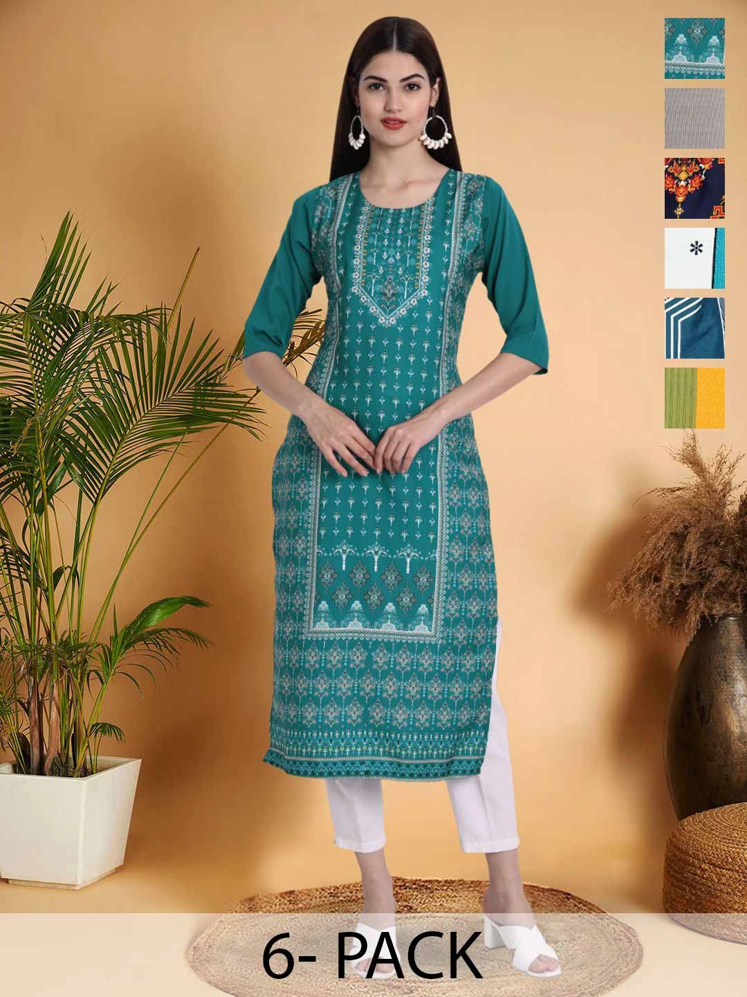 

7Threads Selection Of 6 Ethnic Motifs Printed Round Neck Straight Kurtas, Green