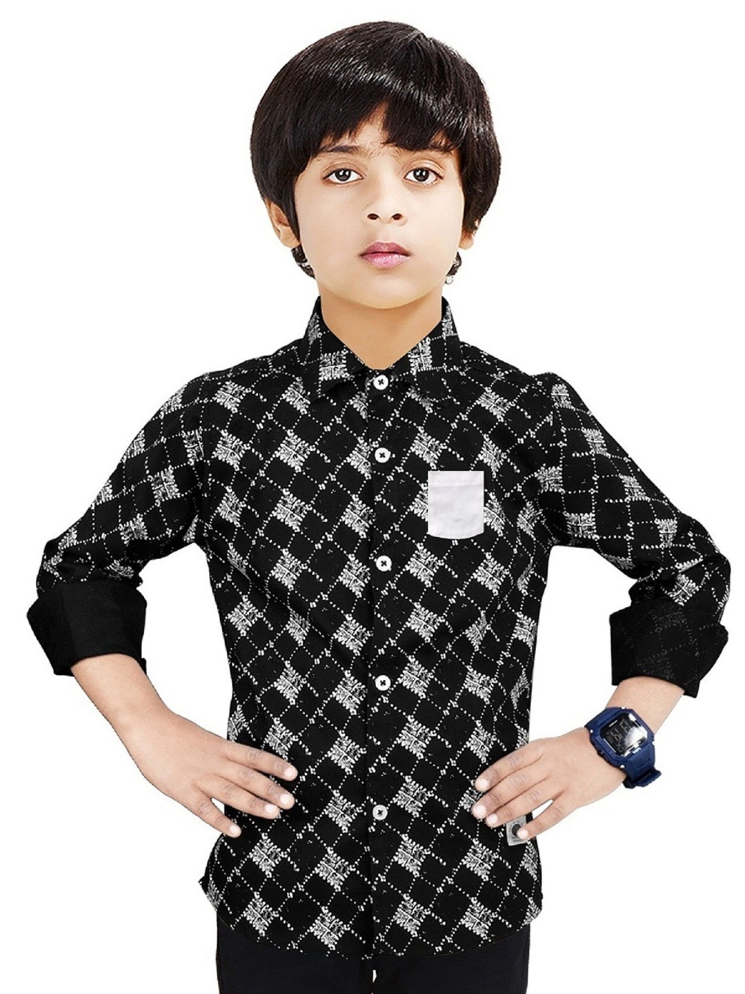 

MADE IN THE SHADE Boys Spread Collar Geometric Printed Cotton Casual Shirt, Black