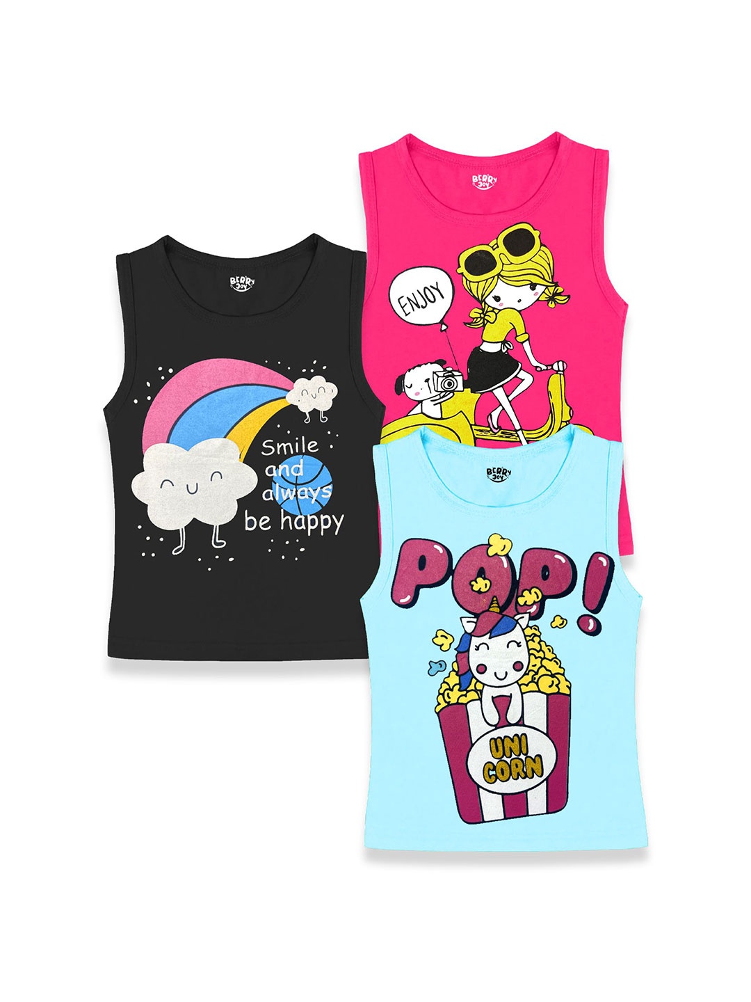 

BERRYJOY Girls Pack Of 3 Printed Round Neck T-Shirt With Shorts, Pink