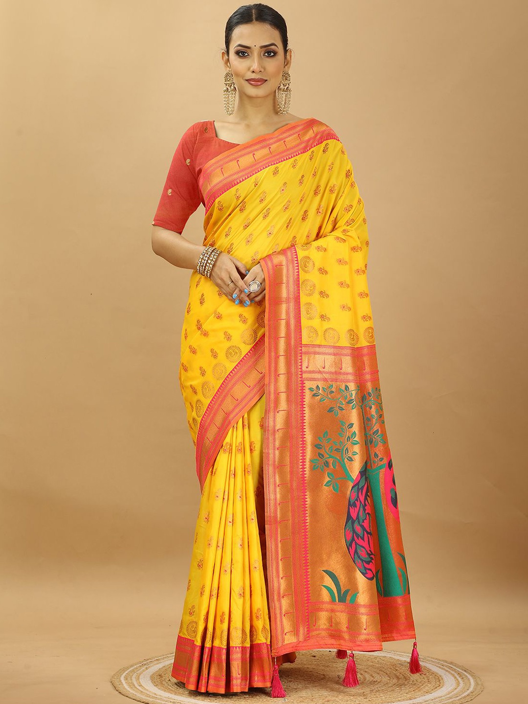 

SWAMI STUDIO Woven Design Zari Pure Silk Paithani Saree, Mustard