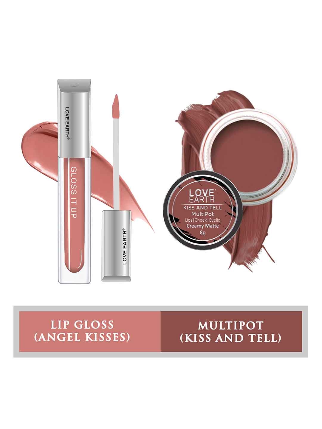 

LOVE EARTH Set Of 2 Creamy Matte Lip Cheek Tint Multipot 8g + Gloss It Up Lip Gloss 3ml, Pink