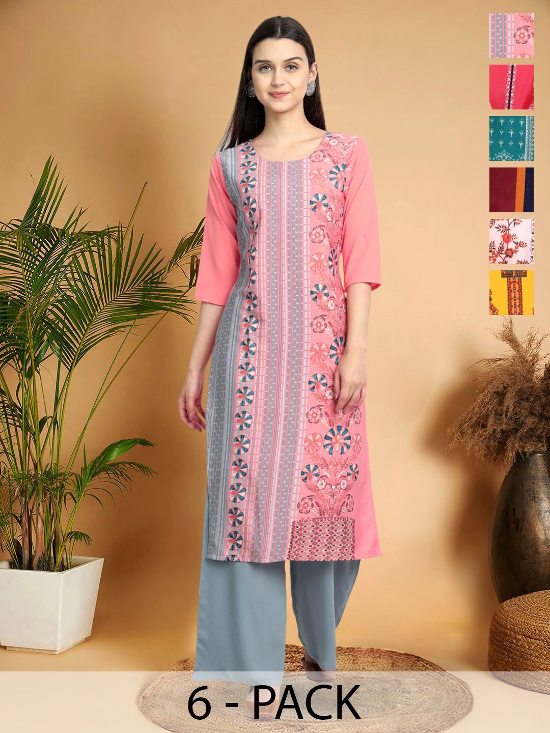 

7Threads Selection Of 6 Floral Printed Round Neck Kurtas, Pink
