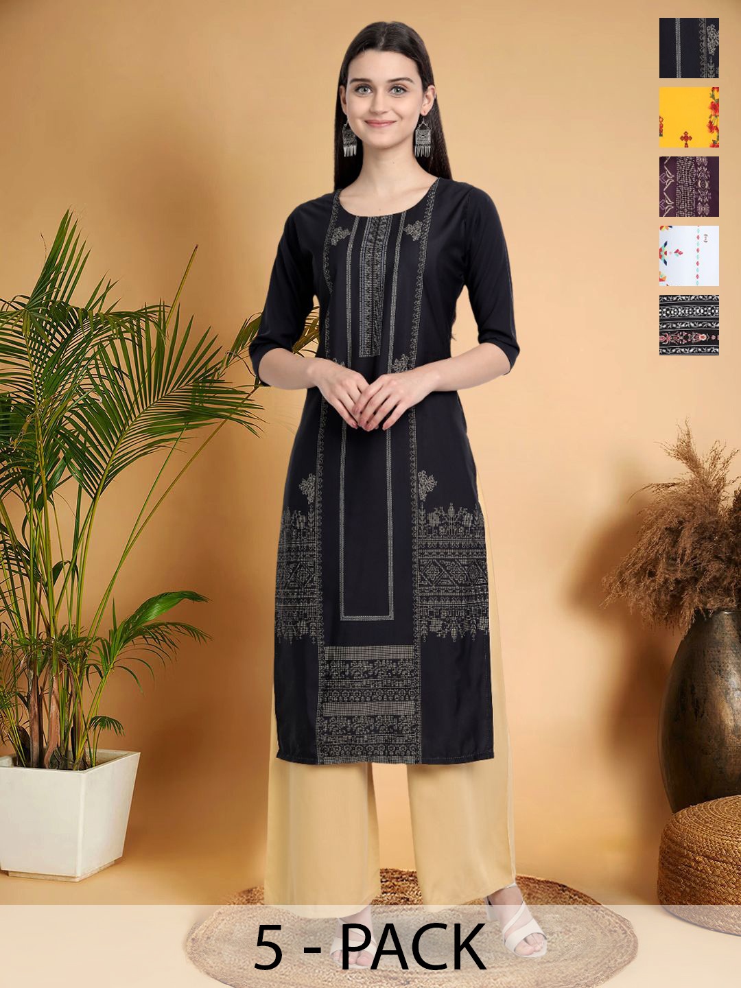 

7Threads Selection Of 5 Geometric Printed Round Neck Straight Kurtas, Black