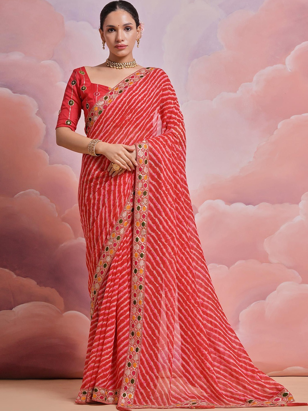 

Peachmode Sequinned Pure Georgette Leheriya Saree, Red