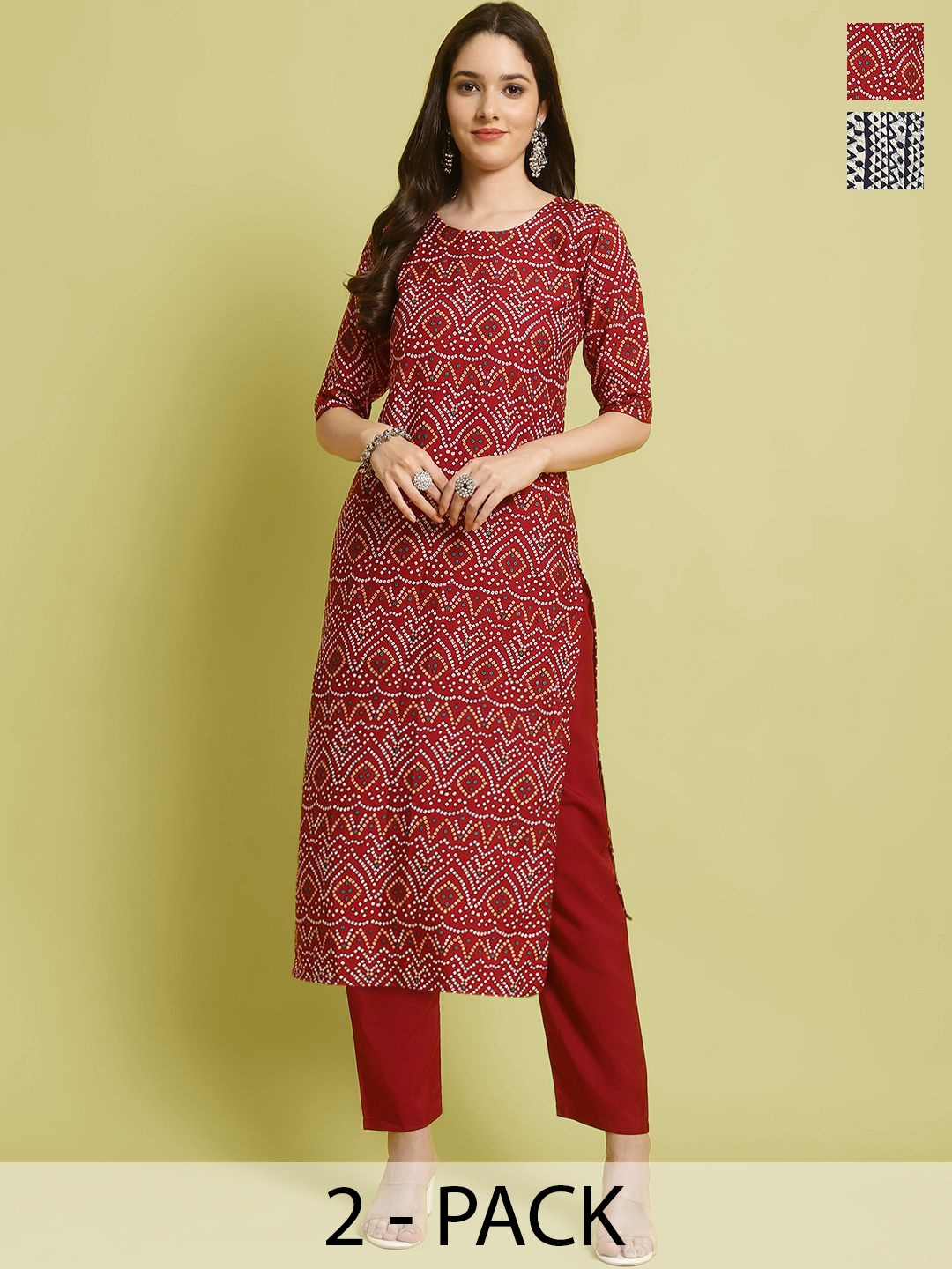 

7Threads Selection Of 2 Ethnic Motifs Printed Round Neck Straight Kurta With Trousers, Red