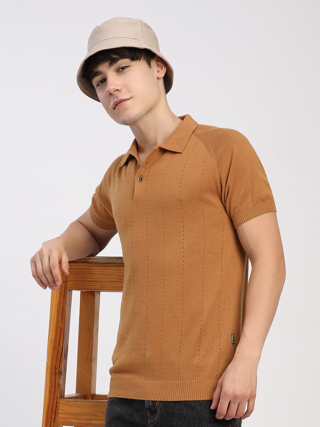 

Beyoung Men Self Design Polo Collar Cotton T-shirt, Mustard