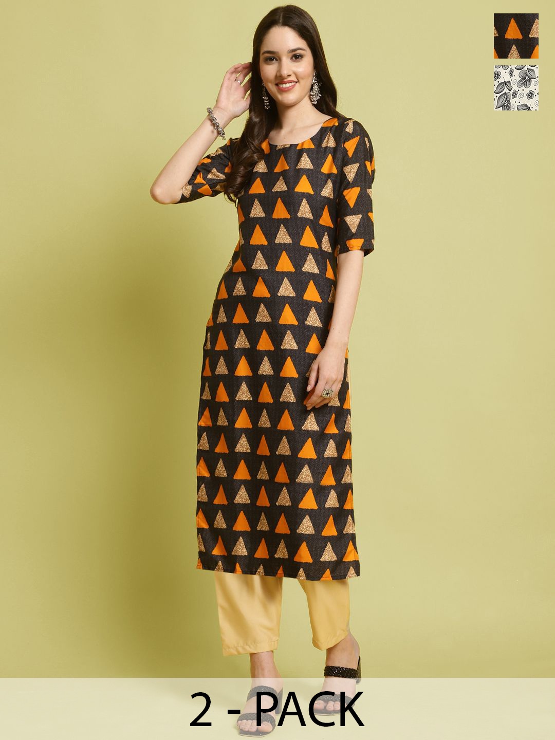 

7Threads Selection Of 2 Geometric Printed Round Neck Straight Kurta With Trousers, Black