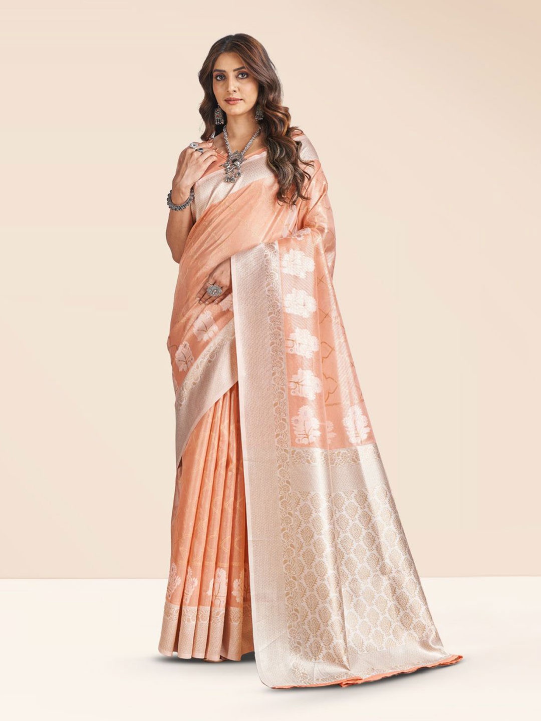 

NK Textiles Ethnic Motifs Woven Design Zari Tissue Kasavu Saree, Peach