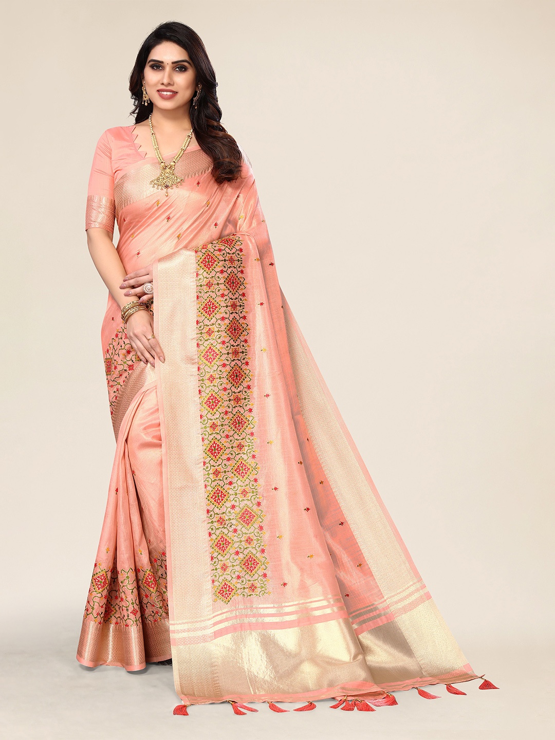 

A.V.M. SILK MILLS Ethnic Motifs Embroidered Pure Cotton Saree, Peach