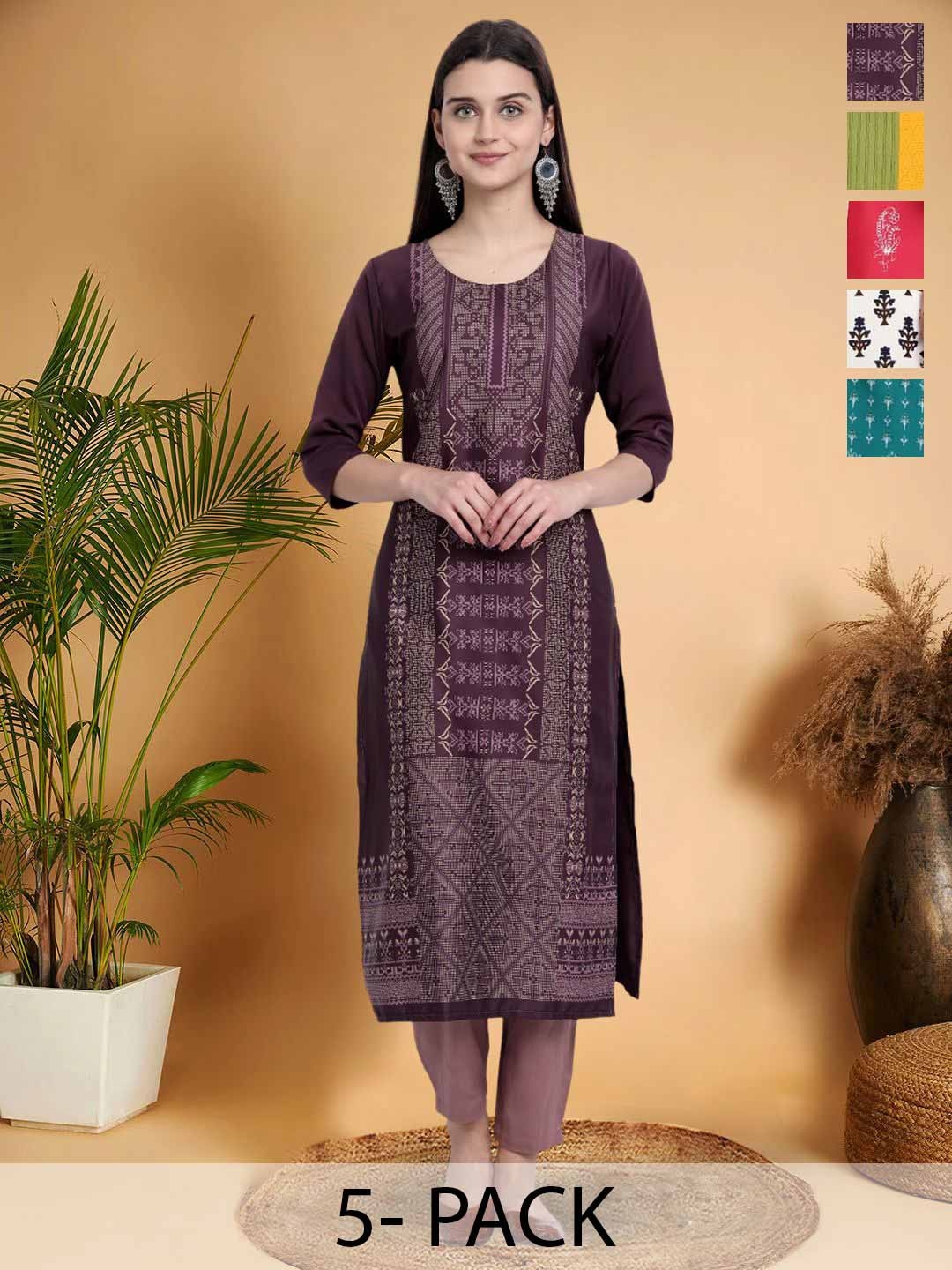 

7Threads Selection Of 5 Ethnic Motifs Printed Round Neck Kurtas, Purple