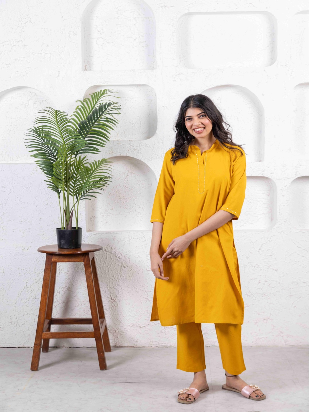 

INAAYA JAIPUR Mandarin Collar Pure Cotton Tunic & Trouser, Mustard