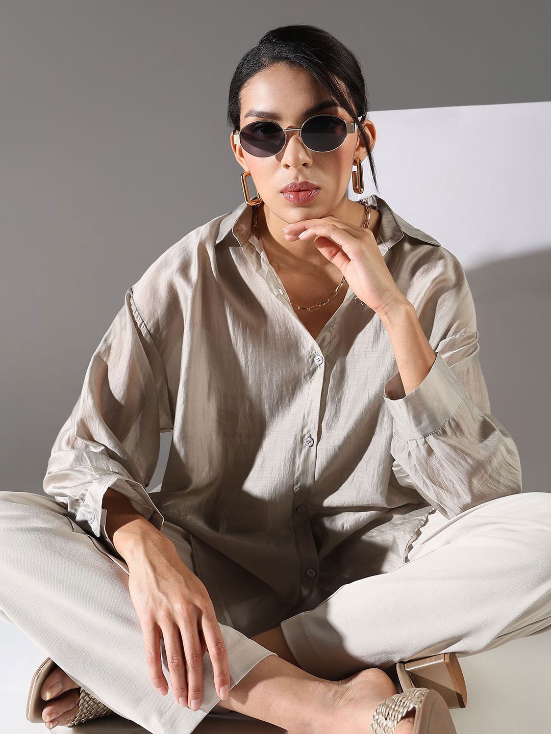 

SHOWOFF Women Comfort Oversized Fit Spread Collar Textured Chiffon Casual Shirt, Beige