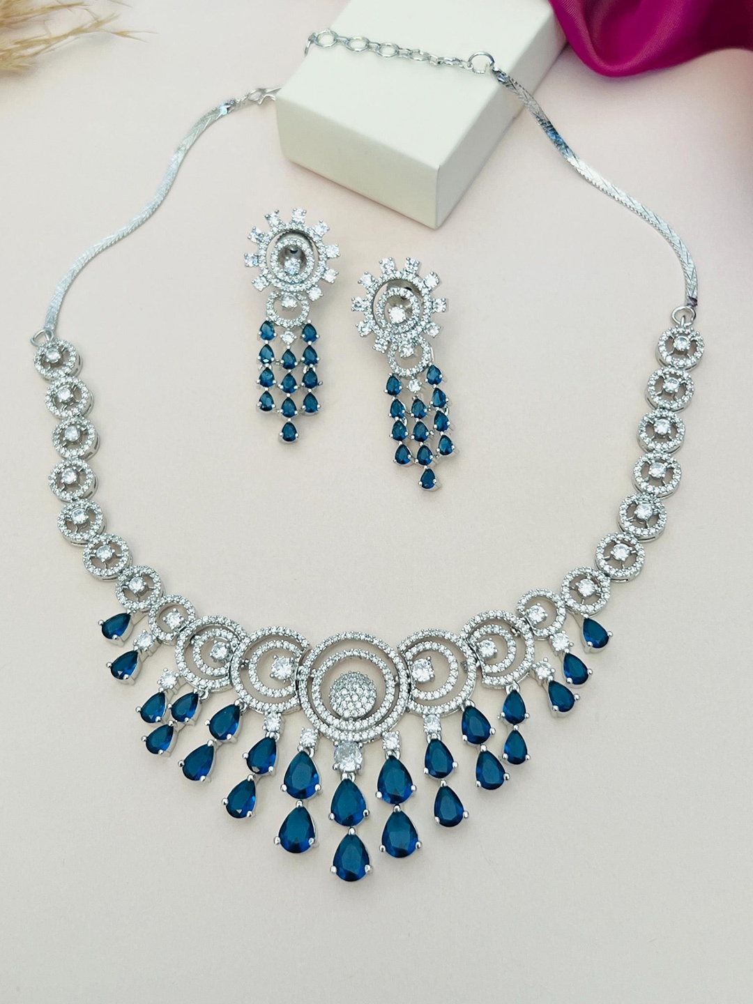 

ABDESIGNS Sliver Plated American Diamond Studded Jewellery Set, Silver