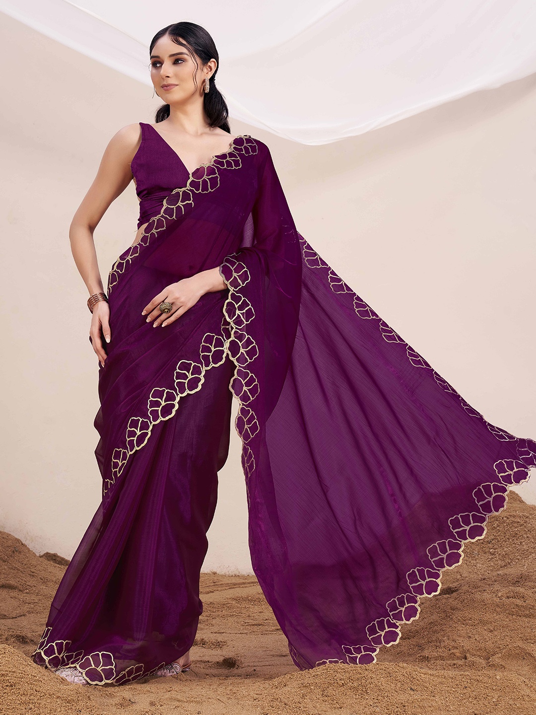 

Tikhi Imli Embroidered Saree With Gota Patti Border With Blouse, Magenta