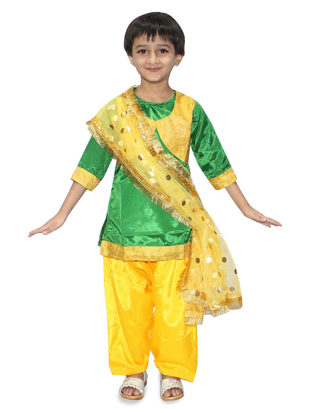 

Kaku Fancy dresses Girls Punjabi Folk Dance Costume Kurta With Trouser & Dupatta, Green